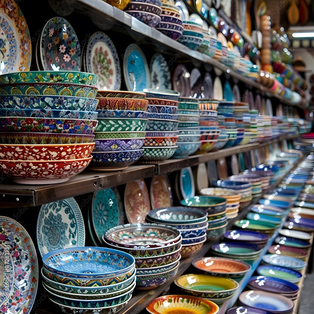 Colorful Ceramic Plates and Bowls on Shelves Colorful Ceramic Plates and Bowls on Shelves