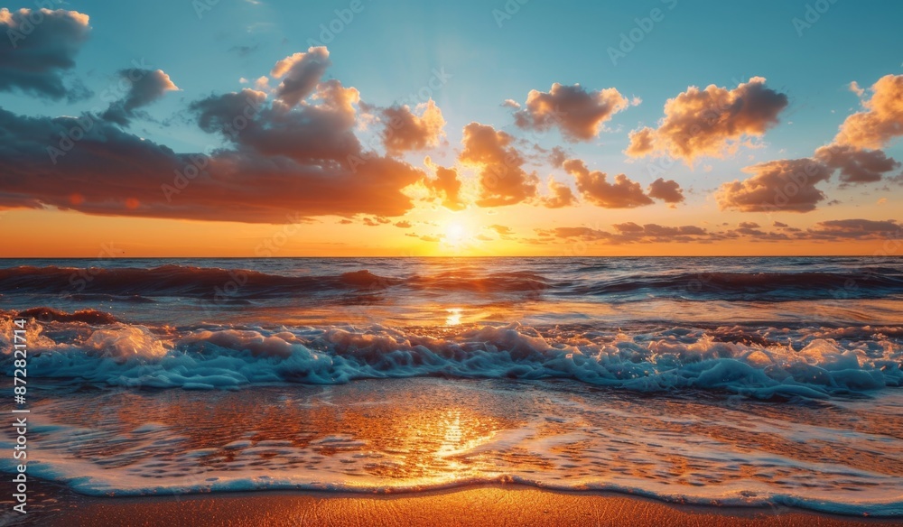 Beautiful sunset over the ocean with sand and waves on the beach, landscape photography, scenic Beautiful sunset over the ocean with sand and waves on the beach, landscape photography, scenic
