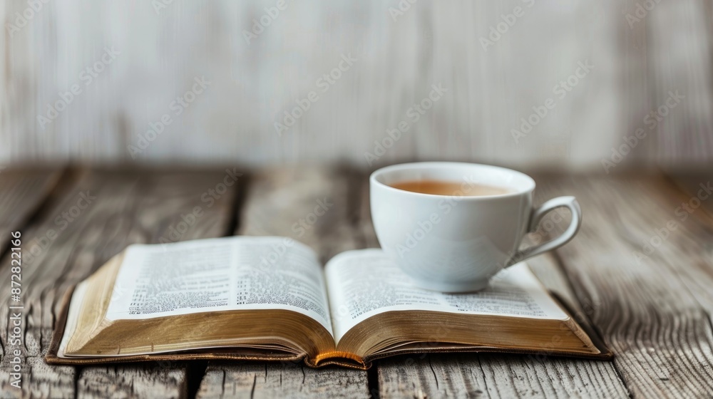 Close up of open Bible and tea on wooden surface against white backdrop symbolizing Christian study and Scripture reading Close up of open Bible and tea on wooden surface against white backdrop symbolizing Christian study and Scripture reading