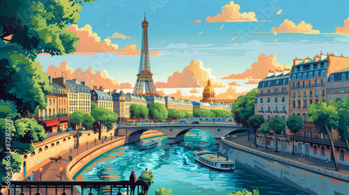 an illustration poster design of the day of paris, with river, street and eiffel tower, france travel poster photo