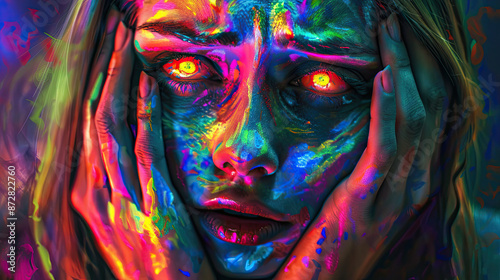 Bipolar Disorder: Emotional Rollercoaster for Women, Neon Effect Illustration of Mental Health, Mood Swings and Emotional Extremes, Psychological Challenges ©  Mohammad Xte