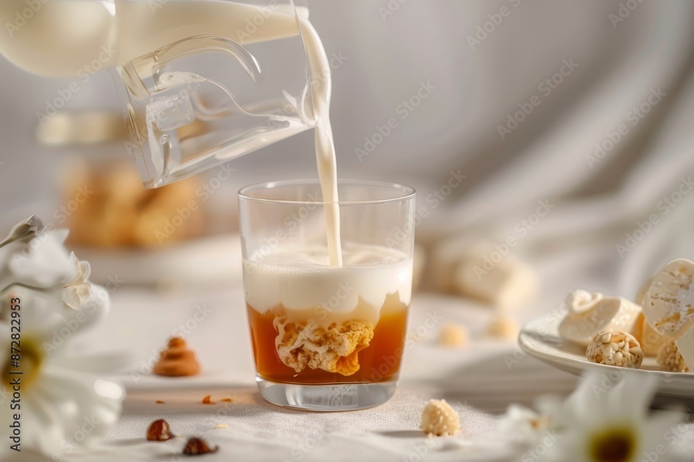Classic té with white chocolates covered in cocoa in a white cup Classic té with white chocolates covered in cocoa in a white cup