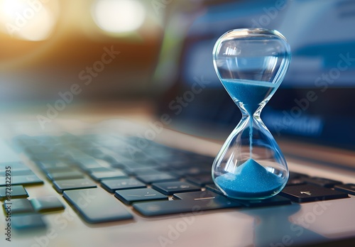 Vintage Hourglass on Laptop Keyboard - Time Management Concept