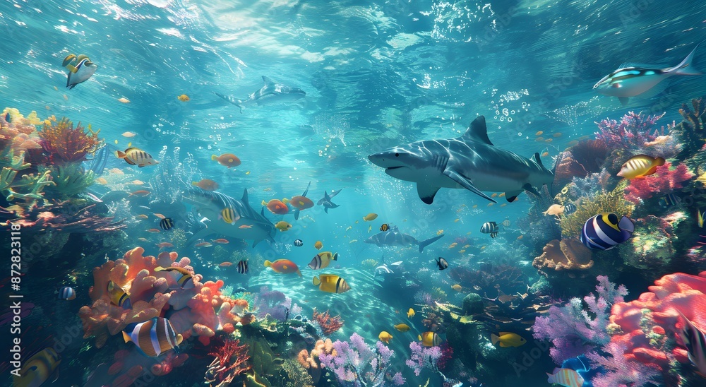 Fototapeta premium Underwater Sharks, Fish, and Coral Reef