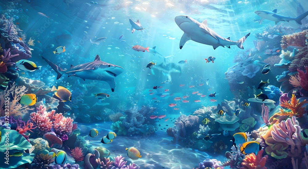 Fototapeta premium Underwater Coral Reef with Sharks and Fish