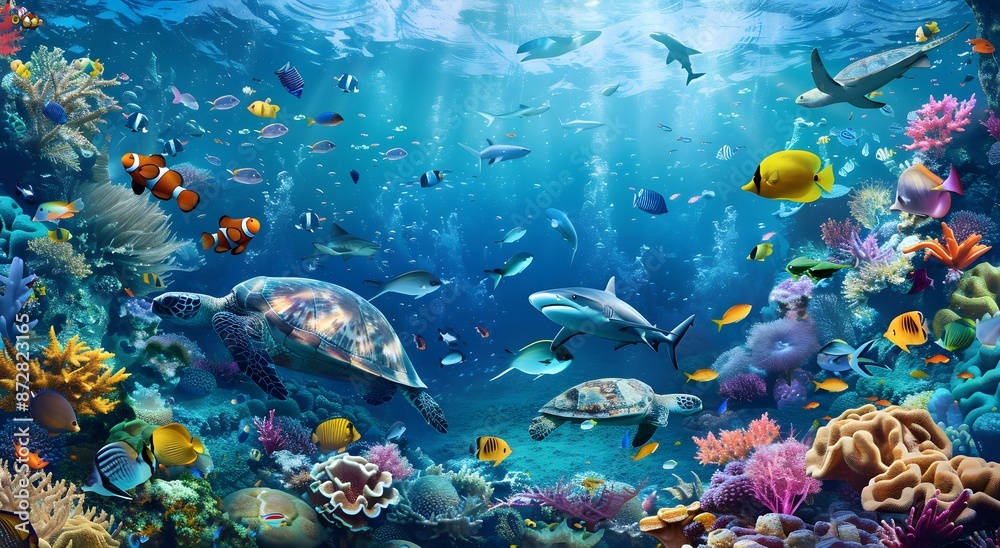 Fototapeta premium Vibrant Underwater Scene with Colorful Coral Reefs and Fish