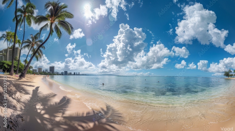 The wide angle shot shows palm trees and clear blue water. It was a sunny day with buildings in the background. The wide angle shot shows palm trees and clear blue water. It was a sunny day with buildings in the background.