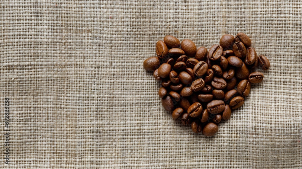 Coffee Bean Heart on Beige Fabric Background Coffee Bean Heart on Beige Fabric Background