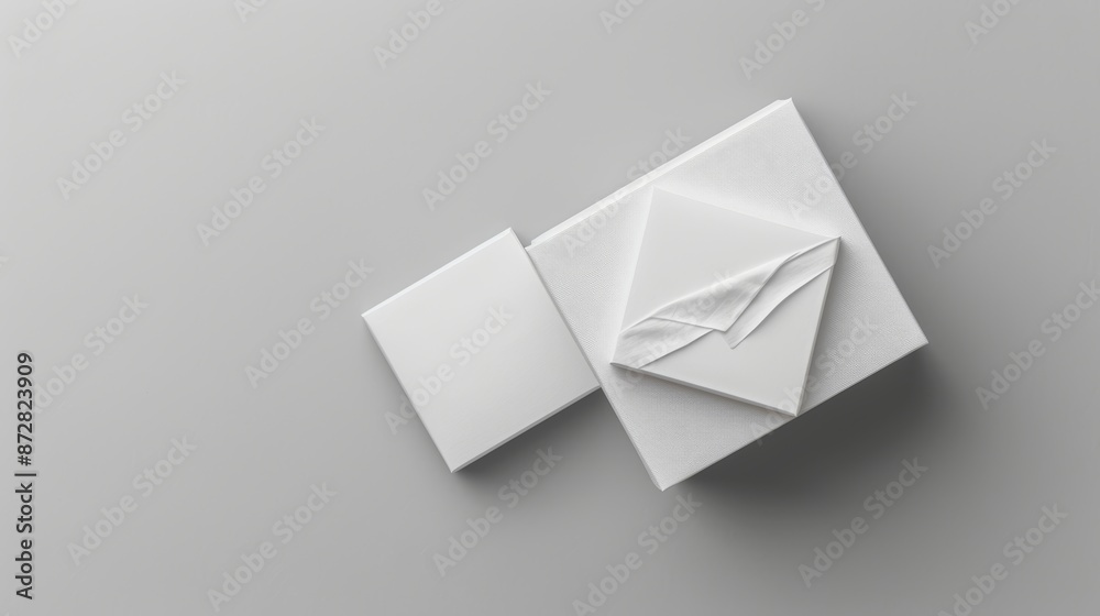 This mockup depicts a white gift box with a blank label or business card on white wrapping paper. As seen directly above, white background. This mockup depicts a white gift box with a blank label or business card on white wrapping paper. As seen directly above, white background.