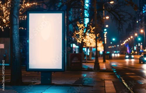 A blank billboard digital sign poster mockup of a street in the city at night for advertising and marketing purposes