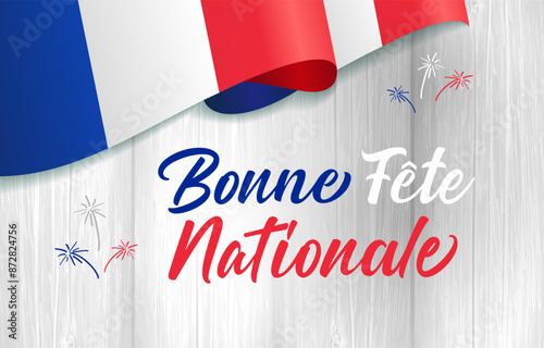 Happy National Day French typography, holiday banner with waving flag of France. July 14 creative congrats. Text design and flag frame with clipping mask. Social network poster. Blogging stories.
