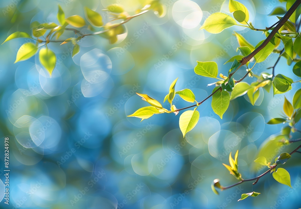 Springtime Bokeh Background with Green Leaves and Blue Sky Springtime Bokeh Background with Green Leaves and Blue Sky