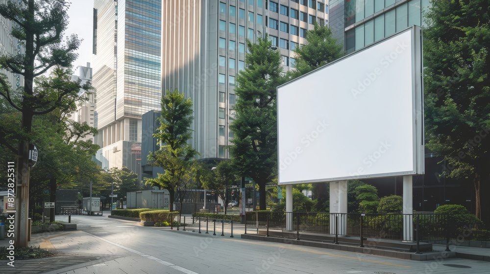Empty long white billboard with space for mockup information on urban street front Empty long white billboard with space for mockup information on urban street front