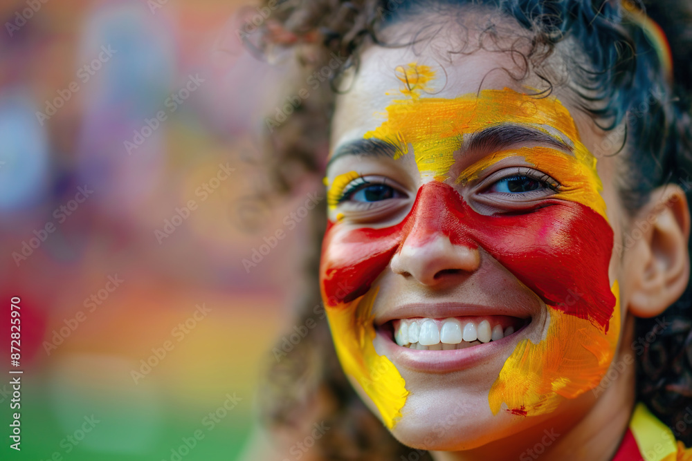 Portrait of beautiful fan girl from Spain with painted face in colors of Spanish flag. Cheering for her team to Win. European Championship. Generative Ai Portrait of beautiful fan girl from Spain with painted face in colors of Spanish flag. Cheering for her team to Win. European Championship. Generative Ai