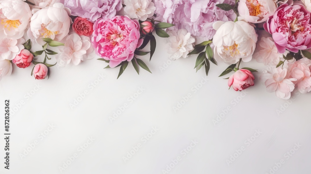 Peoniesroses on white background with copy space.Romantic feminine composition, mother's day,International Women day,generated with AI. High quality image Peoniesroses on white background with copy space.Romantic feminine composition, mother's day,International Women day,generated with AI. High quality image