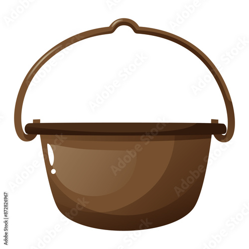 Hiking metal cast iron pot for camping. Pan for cooking over a fire, outdoors. Tourist cauldron for cooking on expeditions. Dinner in nature, cast iron cookware for outdoor activities.