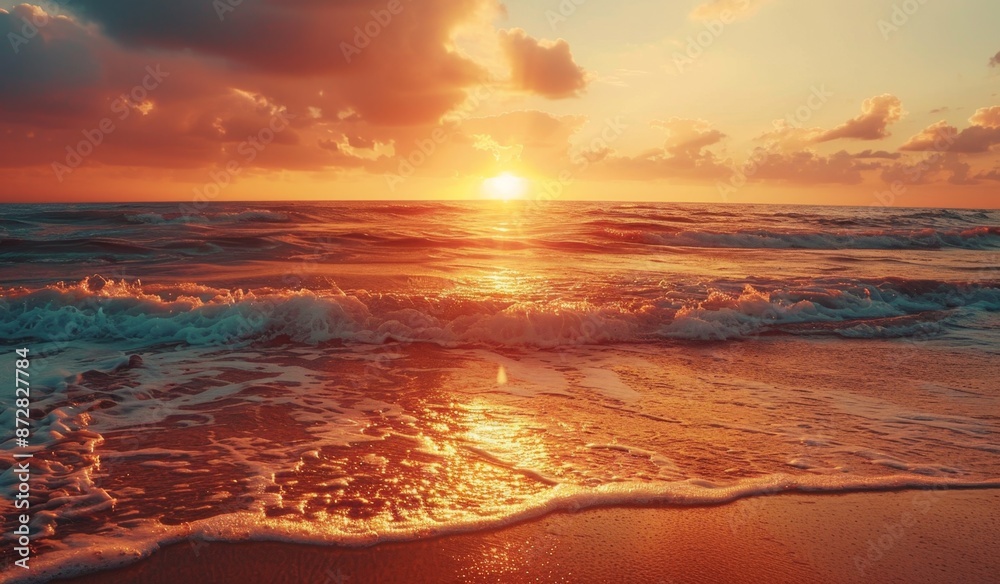 Beautiful sunset over the ocean with sand and waves on the beach, landscape photography, scenic Beautiful sunset over the ocean with sand and waves on the beach, landscape photography, scenic