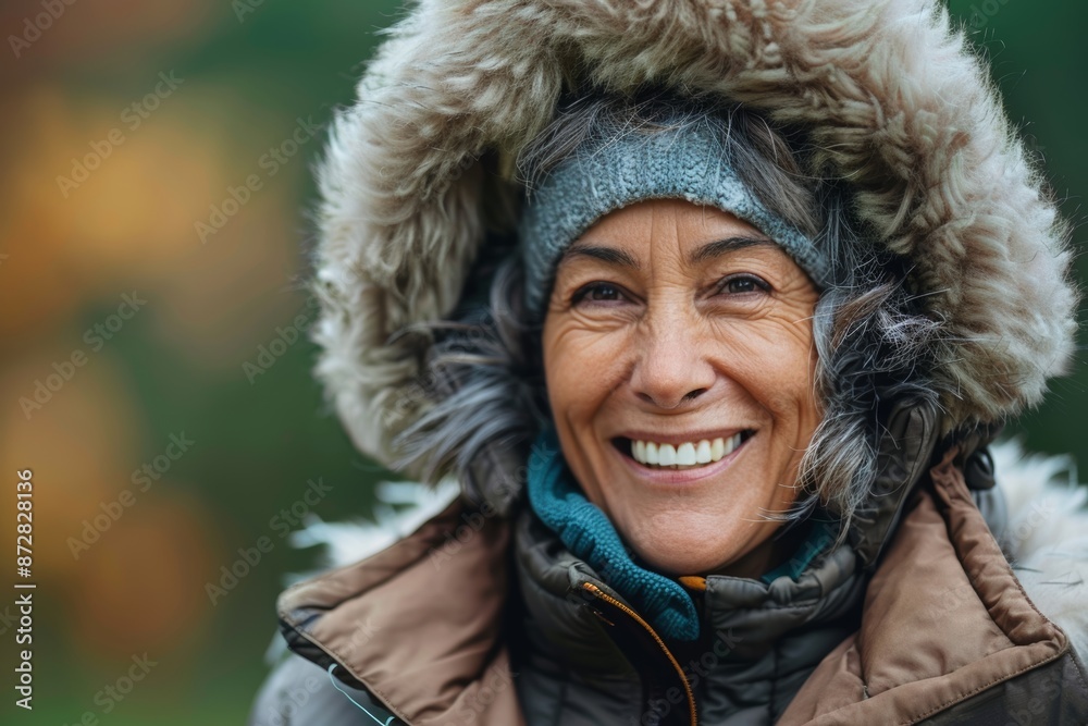 Portrait of a grinning woman in her 40s donning a durable down jacket in front of soft green background Portrait of a grinning woman in her 40s donning a durable down jacket in front of soft green background