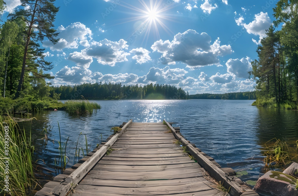 Naklejka premium Scenic Summer Lake with Wooden Dock