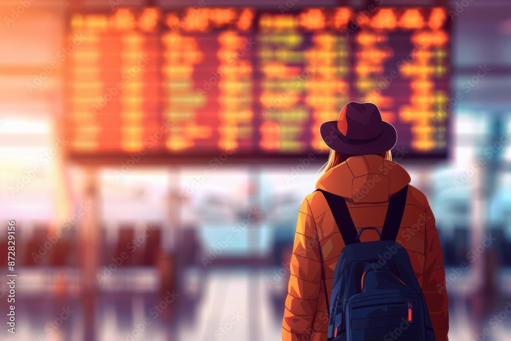 Traveler in airport checking flight departures board, wearing hat and backpack. Sunset light creates warm ambiance. Traveler in airport checking flight departures board, wearing hat and backpack. Sunset light creates warm ambiance.