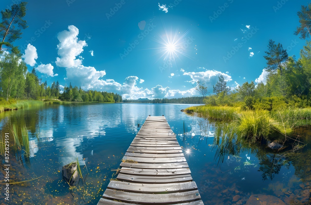 Scenic Summer Lake with Wooden Dock Scenic Summer Lake with Wooden Dock
