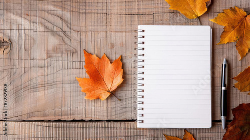 Gratitude journal, autumn leaves and pen, flat design illustration photo