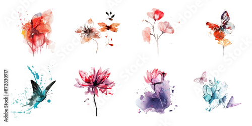 Set of watercolor flowers on a white background.
