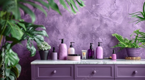 Purple Bathroom Vanity With White Marble Top And Green Plants