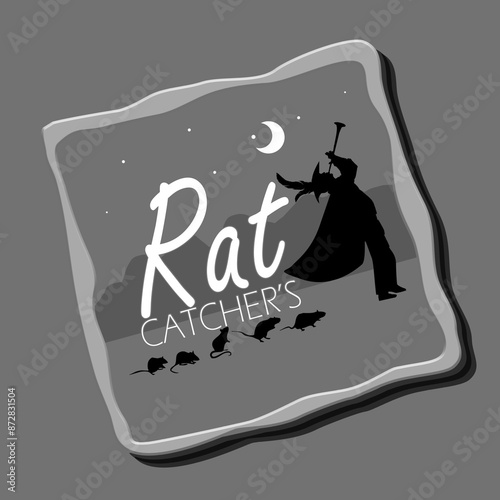 National Rat Catcher's Day event banner. Illustration of a trumpeter followed by several mice at night in frame on gray background to celebrate on July 22nd