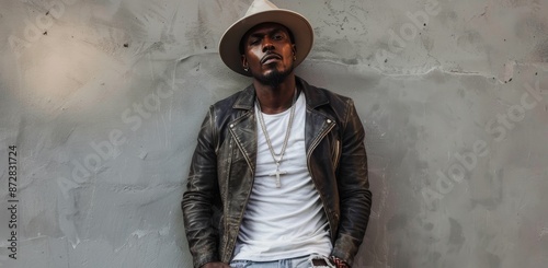 Man In Leather Jacket And Fedora Posing Against Grey Wall
