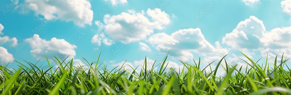 Fototapeta premium Panoramic Banner with Green Grass and Blue Sky