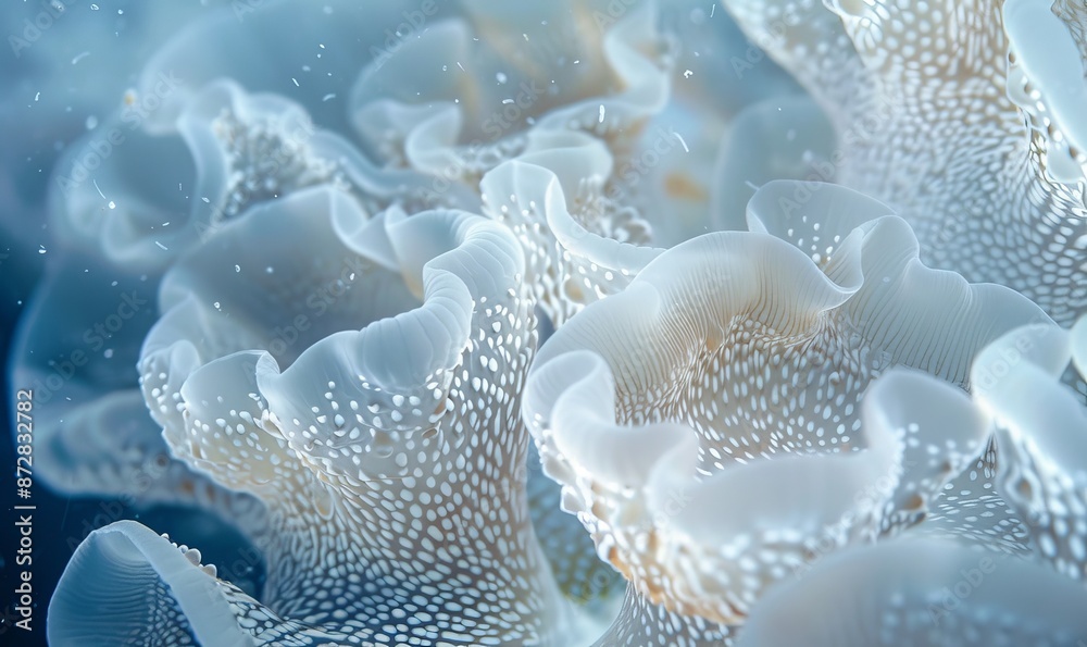 close-up of delicate white coral-like structures with intricate patterns and textures against deep blue sea background, soft lighting accentuating natural beauty close-up of delicate white coral-like structures with intricate patterns and textures against deep blue sea background, soft lighting accentuating natural beauty