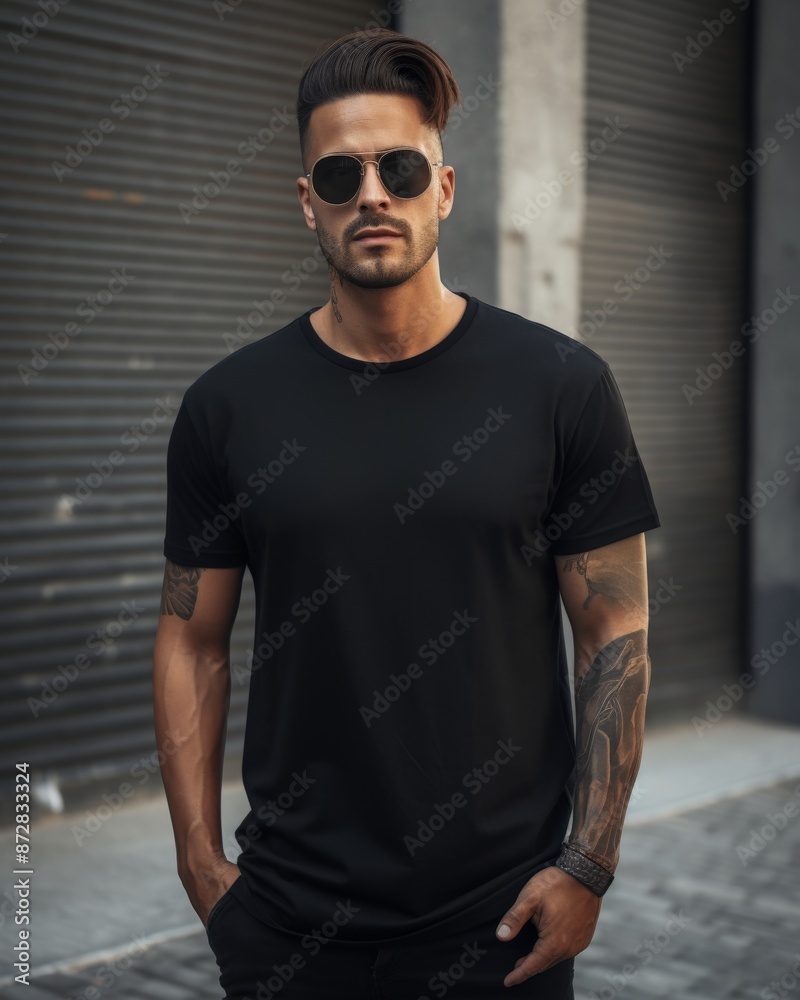 A stylish man in a black t-shirt stands casually against a modern cityscape backdrop A stylish man in a black t-shirt stands casually against a modern cityscape backdrop