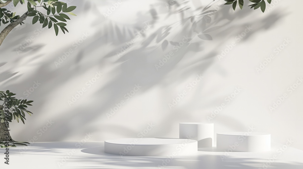 3D white product podium display with white background and tree shadow ...