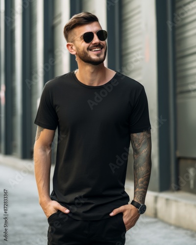 A man in a black t-shirt stands on the street, smiling © Leli