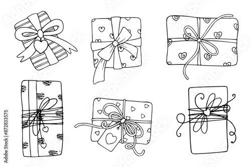 Collection of linear sketches, outlines of gifts in festive packaging for Valentine's Day. Vector graphics.