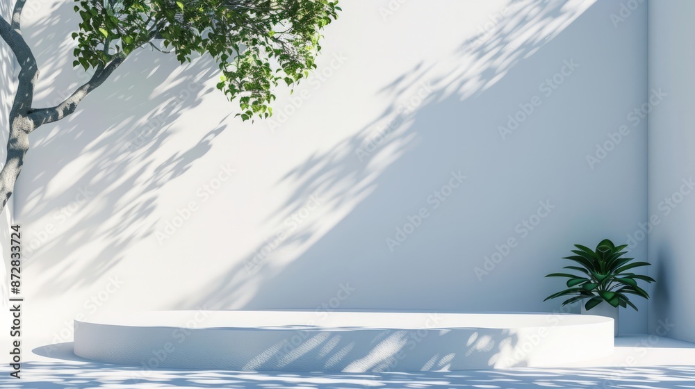 3D white product podium display with white background and tree shadow ...