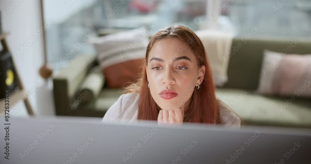 Business, thinking and woman with pc, solution and online reading for email, company website and project. Modern office, creative agency or journalist with schedule, editing and feedback for review