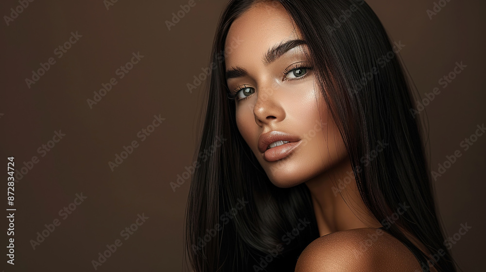 A beautiful woman with long straight hair, showcasing her luxurious and shiny hair against an isolated dark brown background. She is wearing a black top A beautiful woman with long straight hair, showcasing her luxurious and shiny hair against an isolated dark brown background. She is wearing a black top