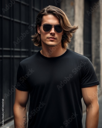 A male model wearing a black t-shirt stands in an alleyway