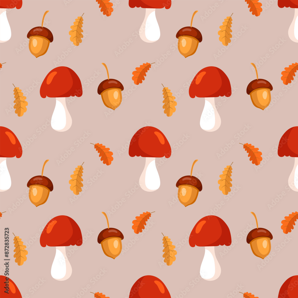 Seamless pattern, mushrooms, rowan and leaves on a beige background. Autumn print, textile, background, vector Seamless pattern, mushrooms, rowan and leaves on a beige background. Autumn print, textile, background, vector