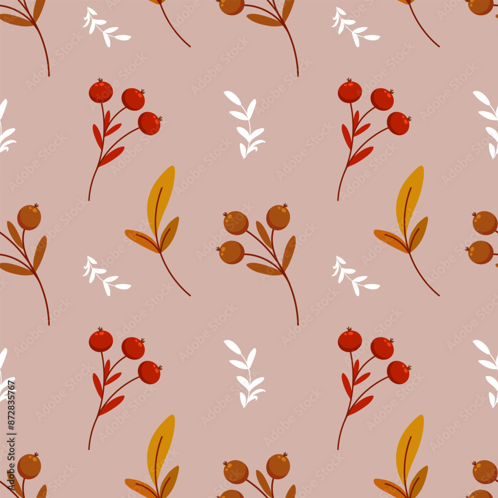 Seamless pattern, rowan branches and twigs with leaves on a beige background. Autumn print, textile, background, vector Seamless pattern, rowan branches and twigs with leaves on a beige background. Autumn print, textile, background, vector