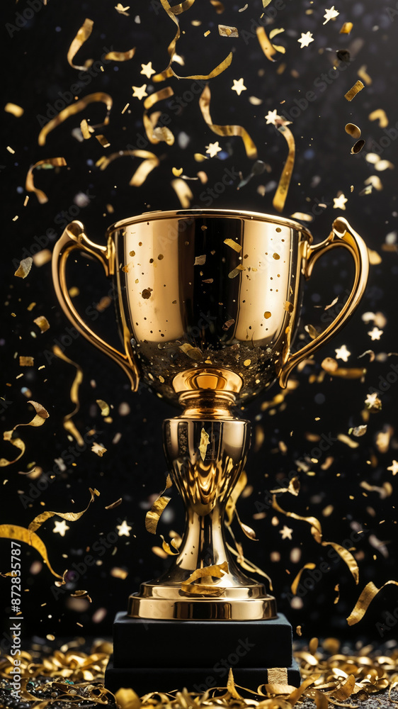 Gold winners cup with gold confetti around on festive background with confetti, concept of winning, trophy, victory Gold winners cup with gold confetti around on festive background with confetti, concept of winning, trophy, victory