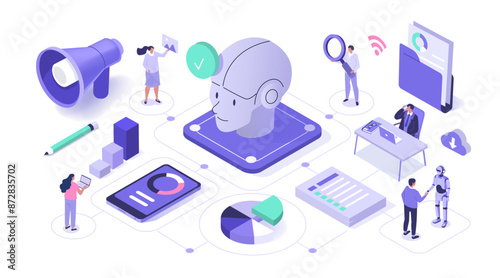 Characters working with modern technology in futuristic AI office. Artificial intelligence in business concept. Isometric vector illustration.
