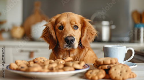 A golden retriever looks pleadingly at the food on the table. photo