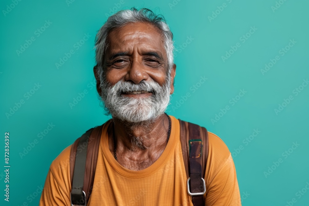 Portrait of a merry indian man in his 60s sporting a breathable hiking shirt on soft teal background Portrait of a merry indian man in his 60s sporting a breathable hiking shirt on soft teal background