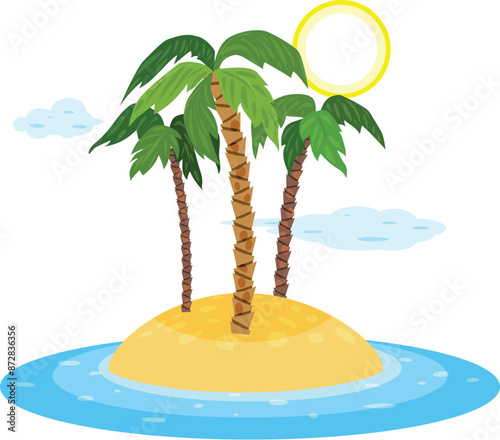 Cartoon tropical island with palm trees growing on sand surrounded by blue ocean water