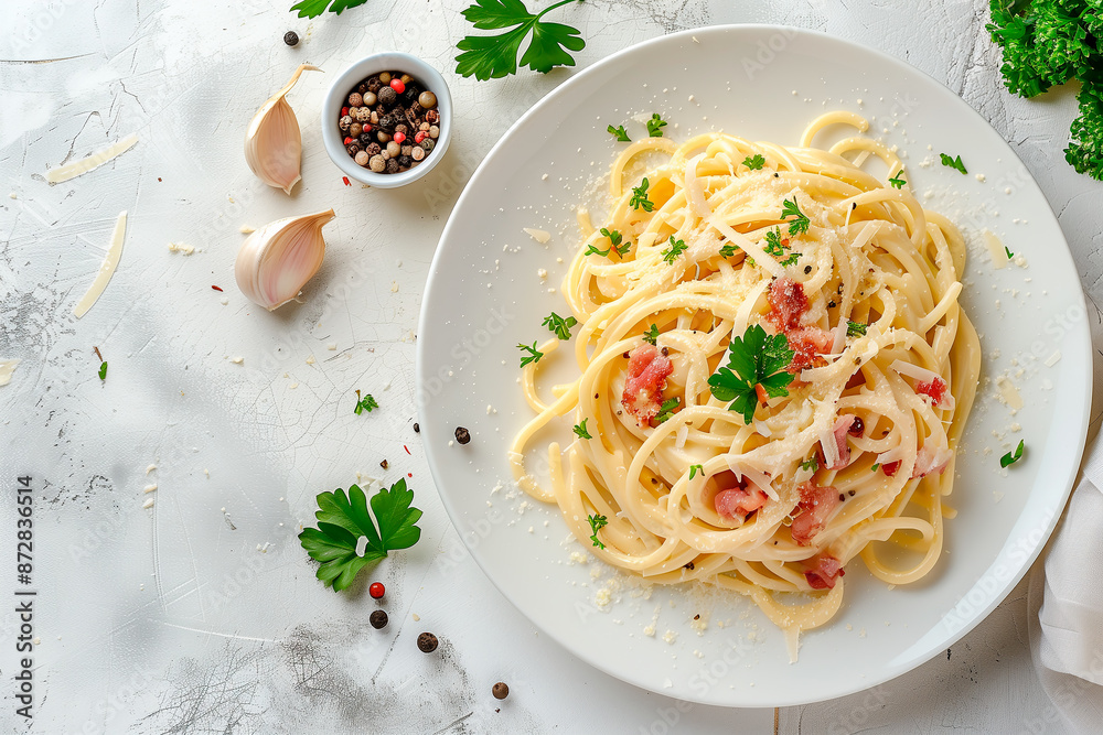 Classic homemade carbonara pasta with pancetta, egg, hard parmesan cheese and cream sauce. Italian spaghetti alla carbonara.