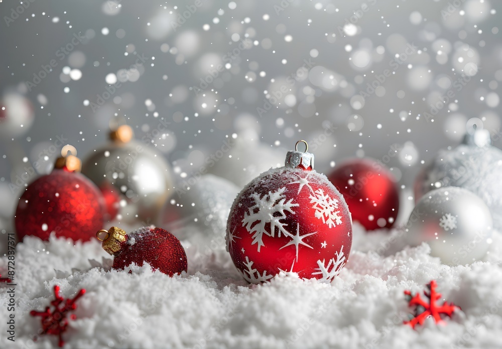 Red and Silver Christmas Ornaments in Snow Red and Silver Christmas Ornaments in Snow