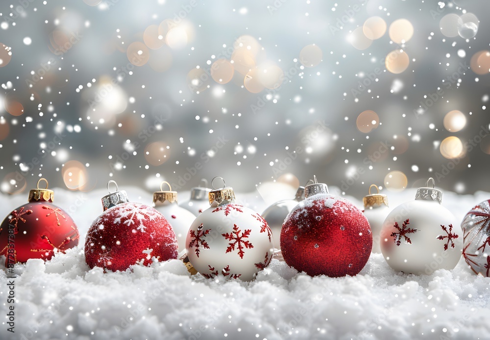 Red & White Christmas Ornaments on Snow Red & White Christmas Ornaments on Snow